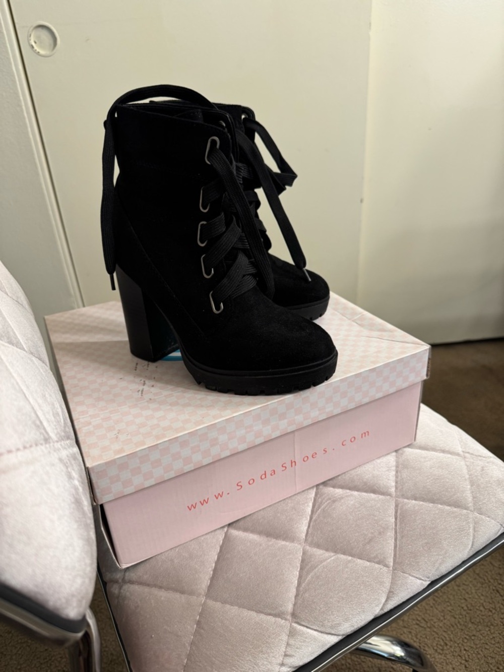 Soda Black Lace-Up Chunky Heel Ankle Boots - Picture 2 of 5